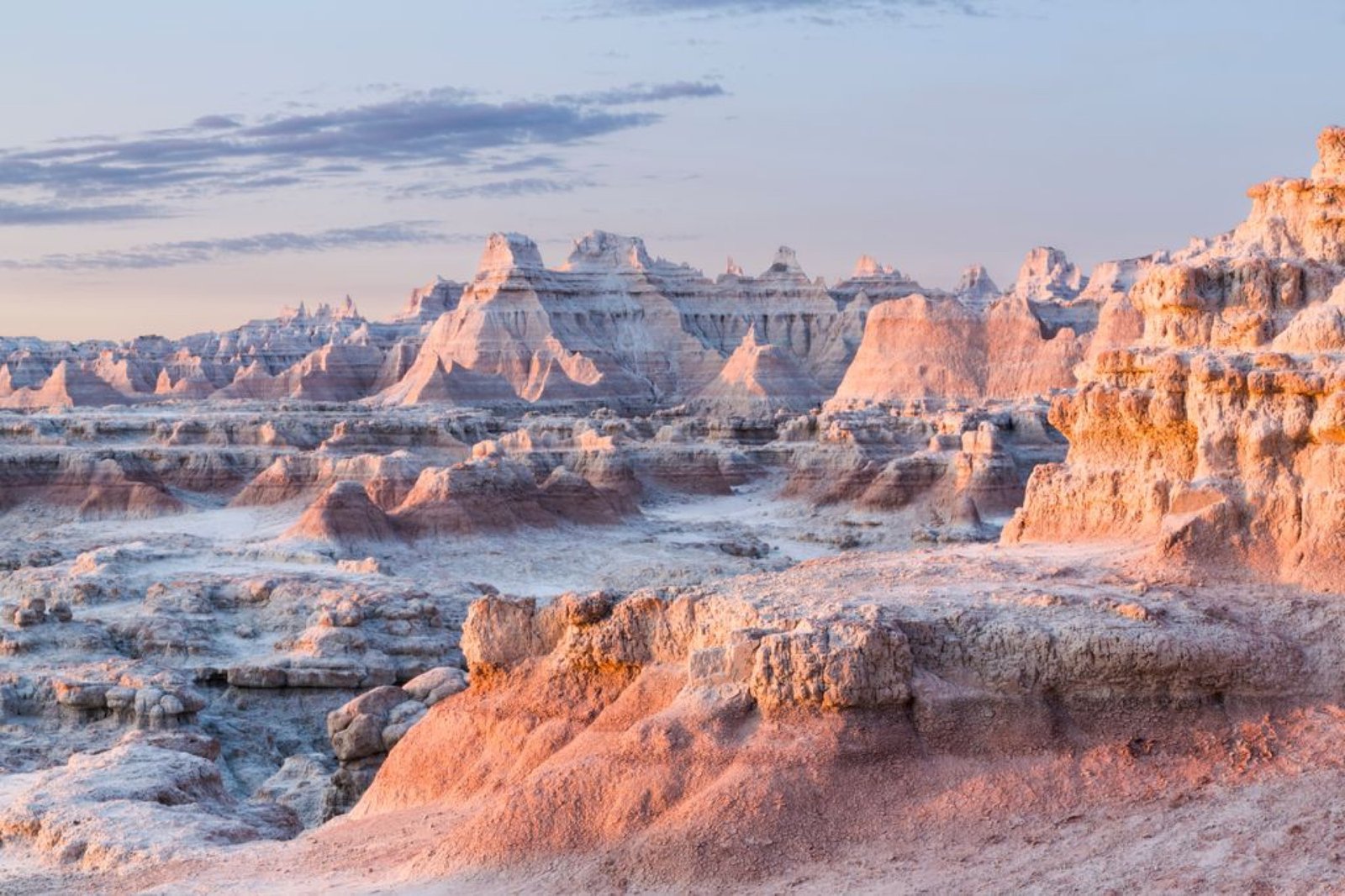 Badlands National Park rock formations at sunrise, South Dakota